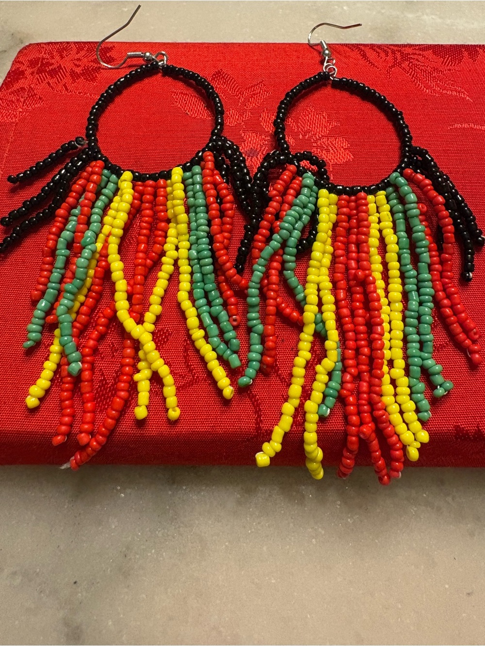 Vibrant Rasta Color Beaded Hoop Tassel Earrings